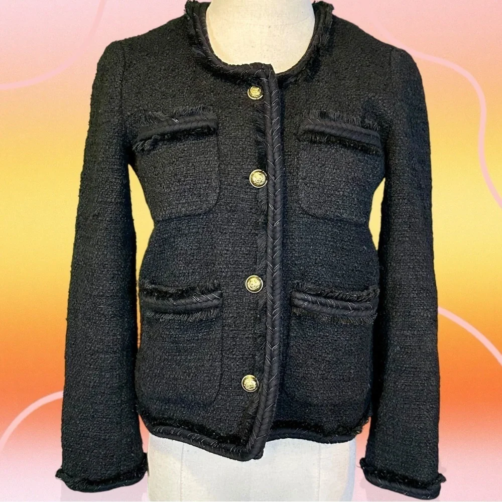 J. Crew Black Wool-Blend Tweed Gold Button-Front Patch Pocket Lady Jacket Size 0